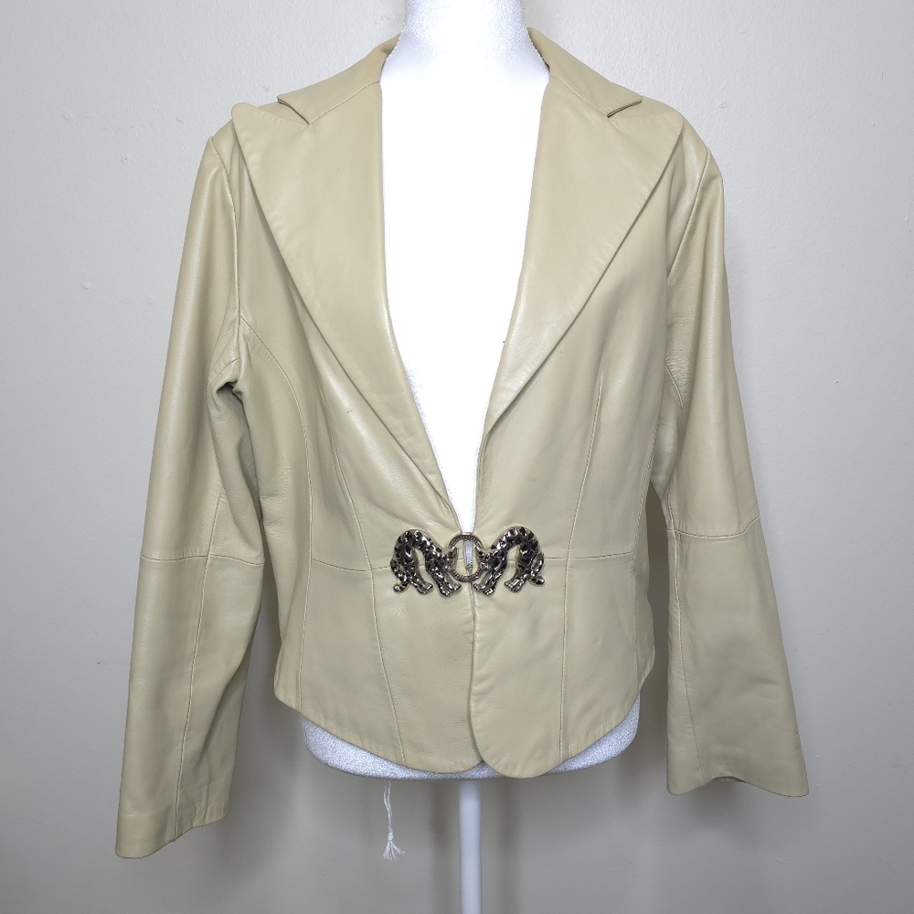 Vtg Carina Lambskin Leather Jacket Medium Decorative Leopard Buckle Clasp Moto